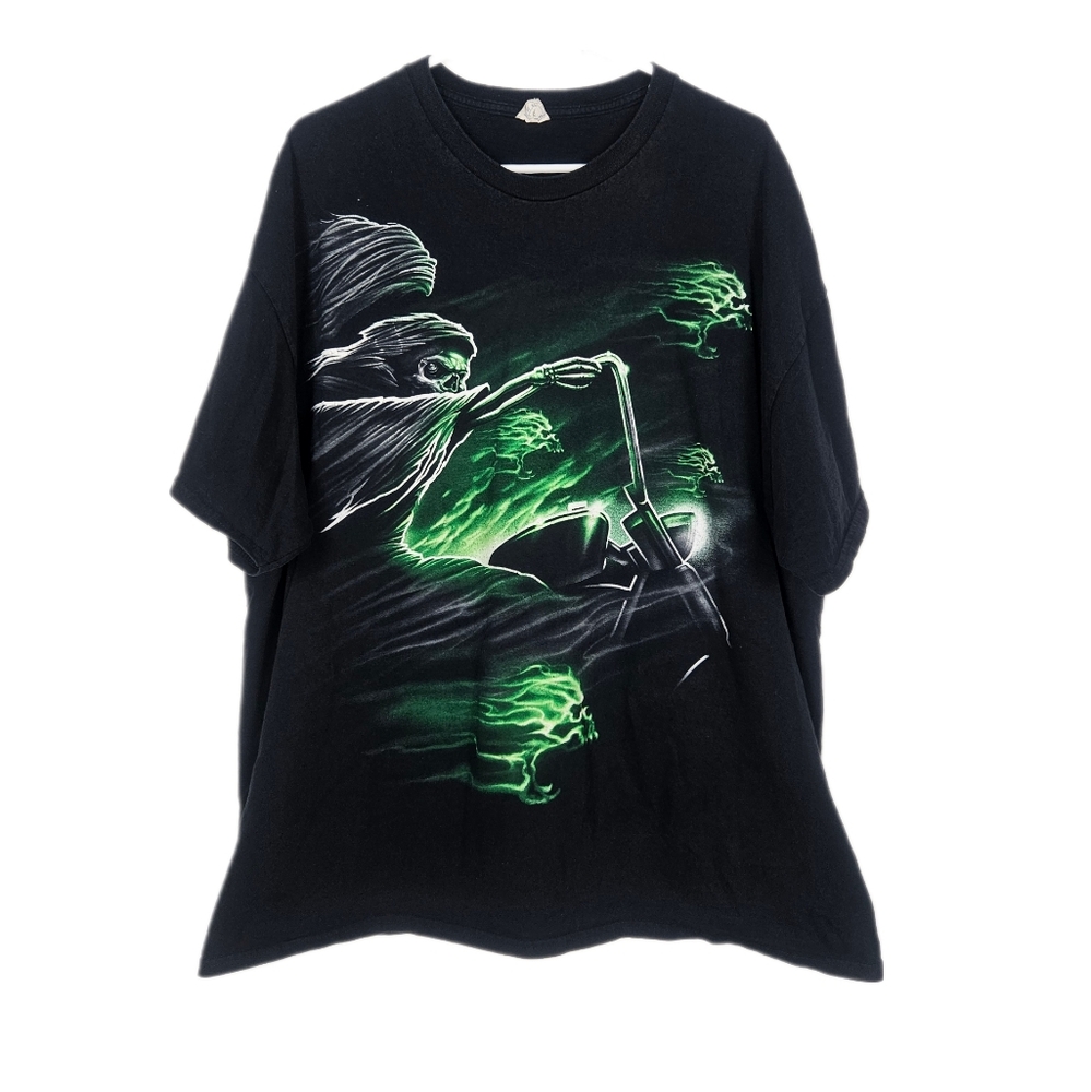 Vintage Y2K Biker Skelton Grim Reaper Short Sleeve Shirt Black Green Graphic XXL